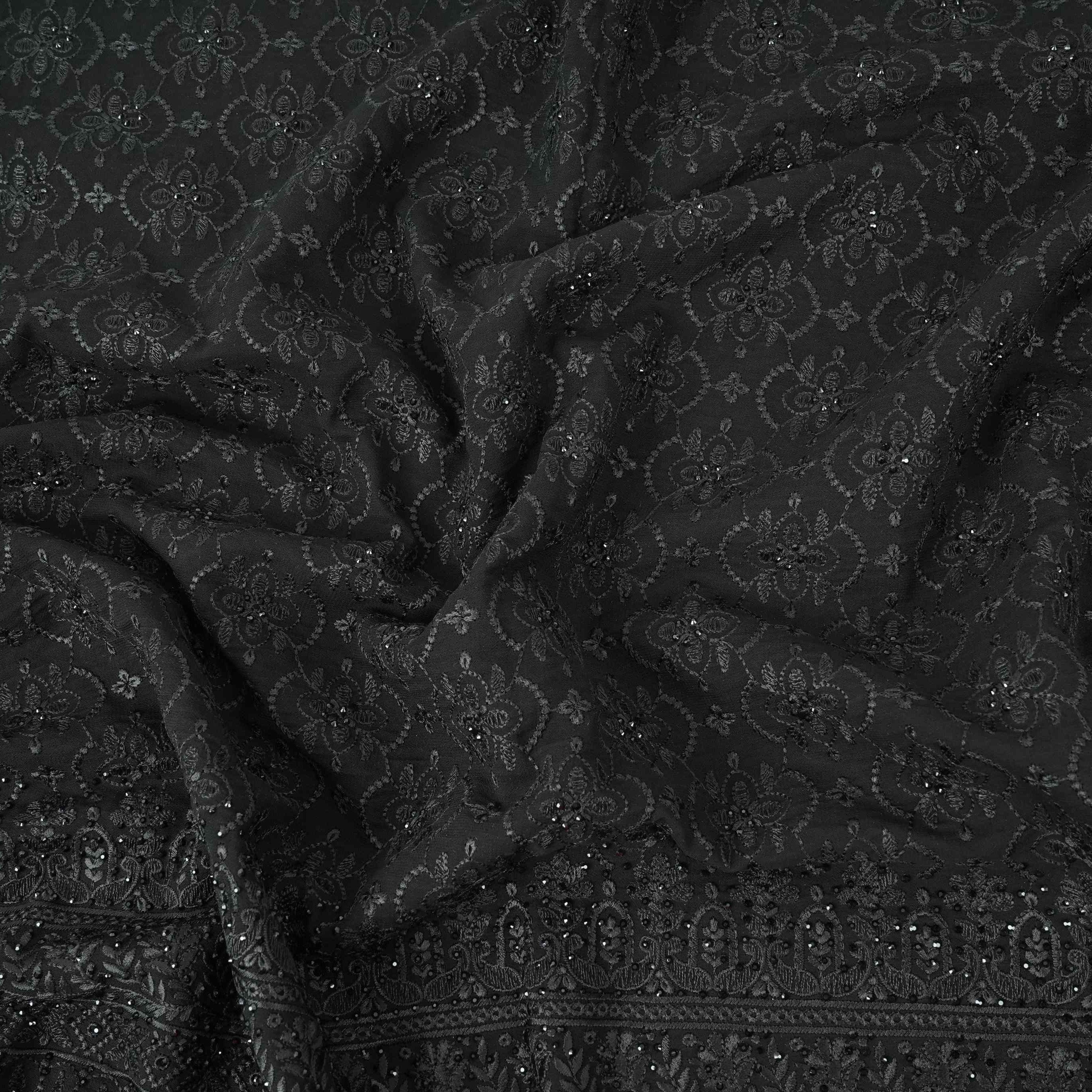 Black Chikankari Thread Embroidery Georgette Fabric DR-32408 - TradeUNO