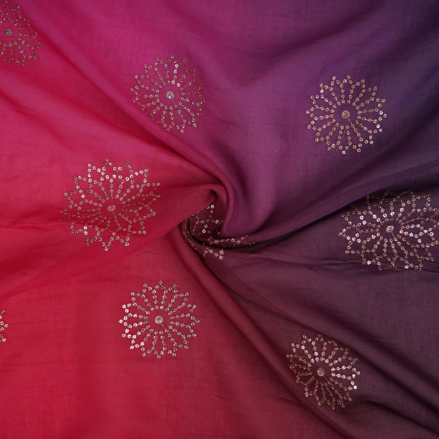 Red With Blue 4D Floral Sequins Embroidery Malai Chanderi Fabric VF-32314