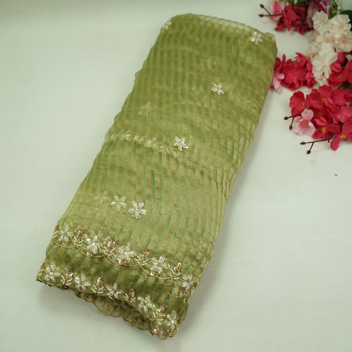 Green Floral Buti Embroidery with Stripes Fendi Tissue Fabric GT-35276