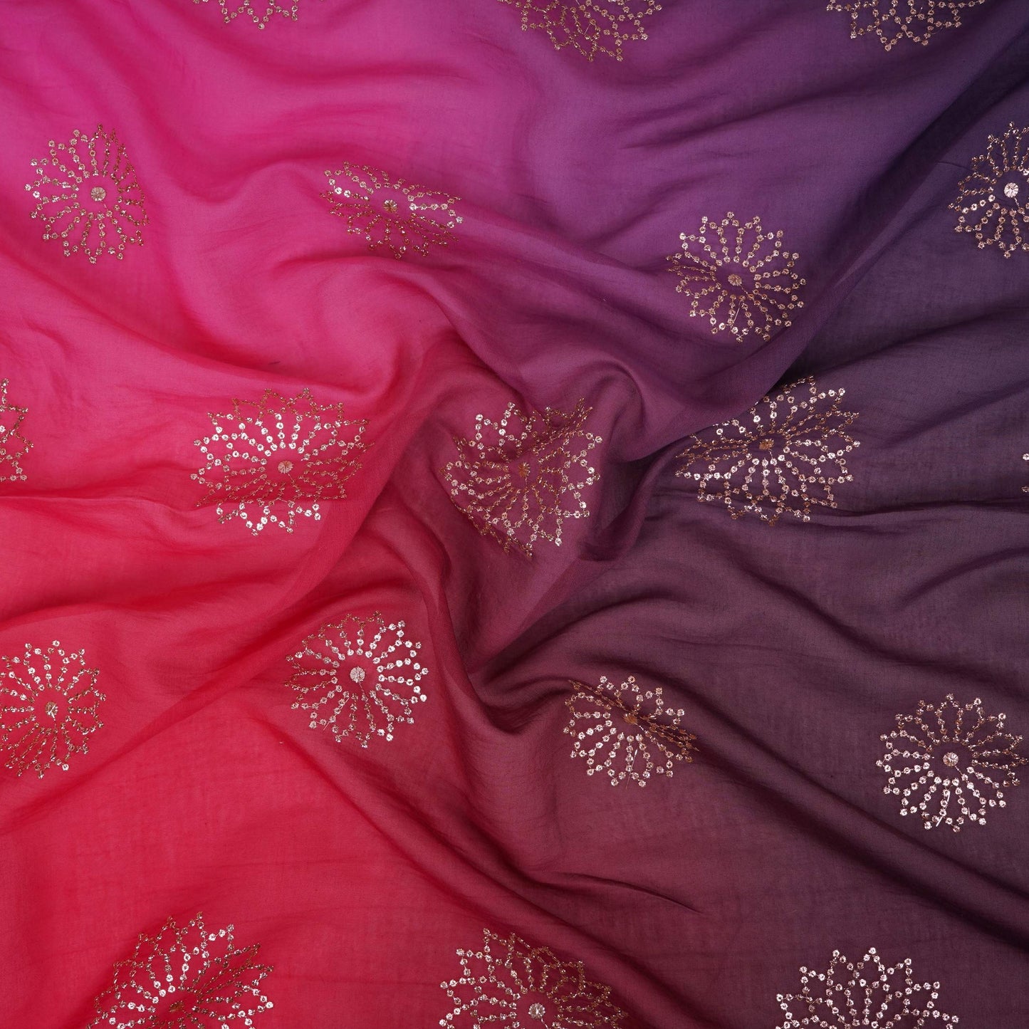 Red With Blue 4D Floral Sequins Embroidery Malai Chanderi Fabric VF-32314