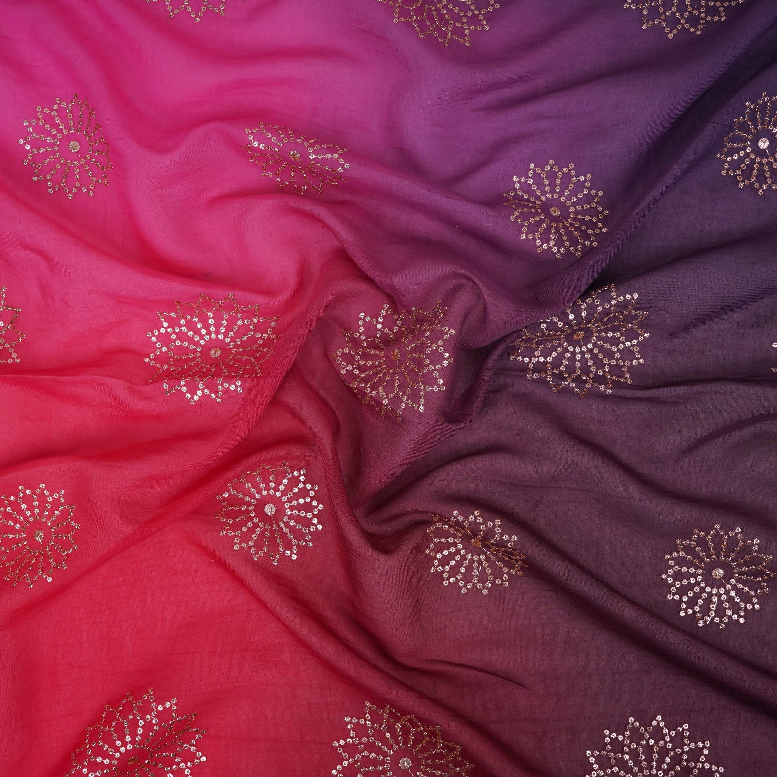 Red With Blue 4D Floral Sequins Embroidery Malai Chanderi Fabric VF-32314 - TradeUNO