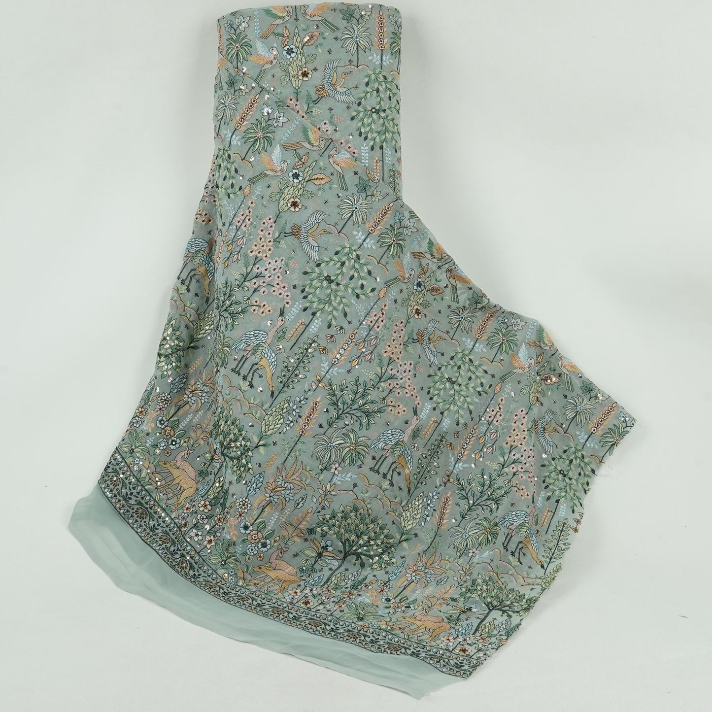 Soft Grey Thread Embroidery Georgette Fabric DR-32381