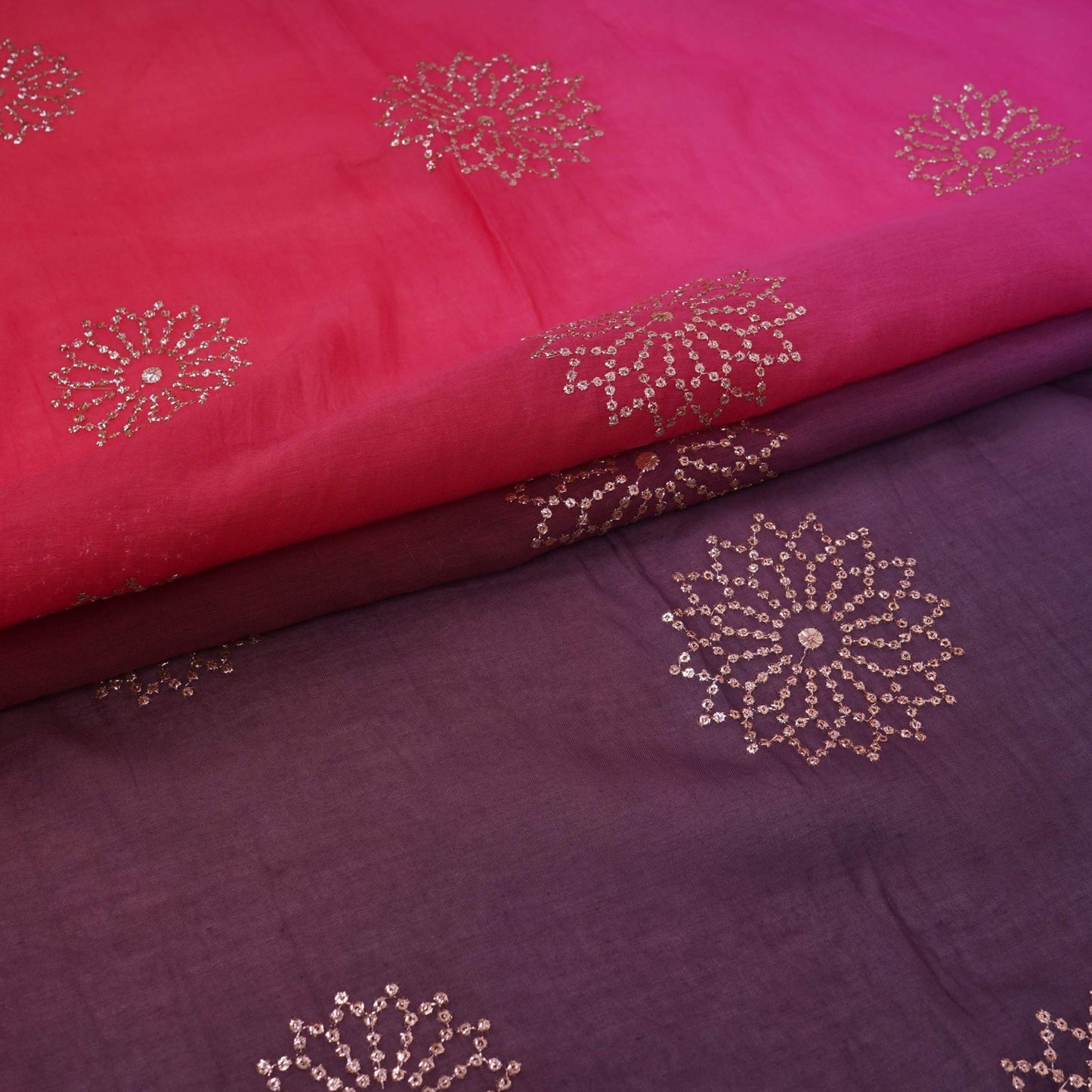 Red With Blue 4D Floral Sequins Embroidery Malai Chanderi Fabric VF-32314