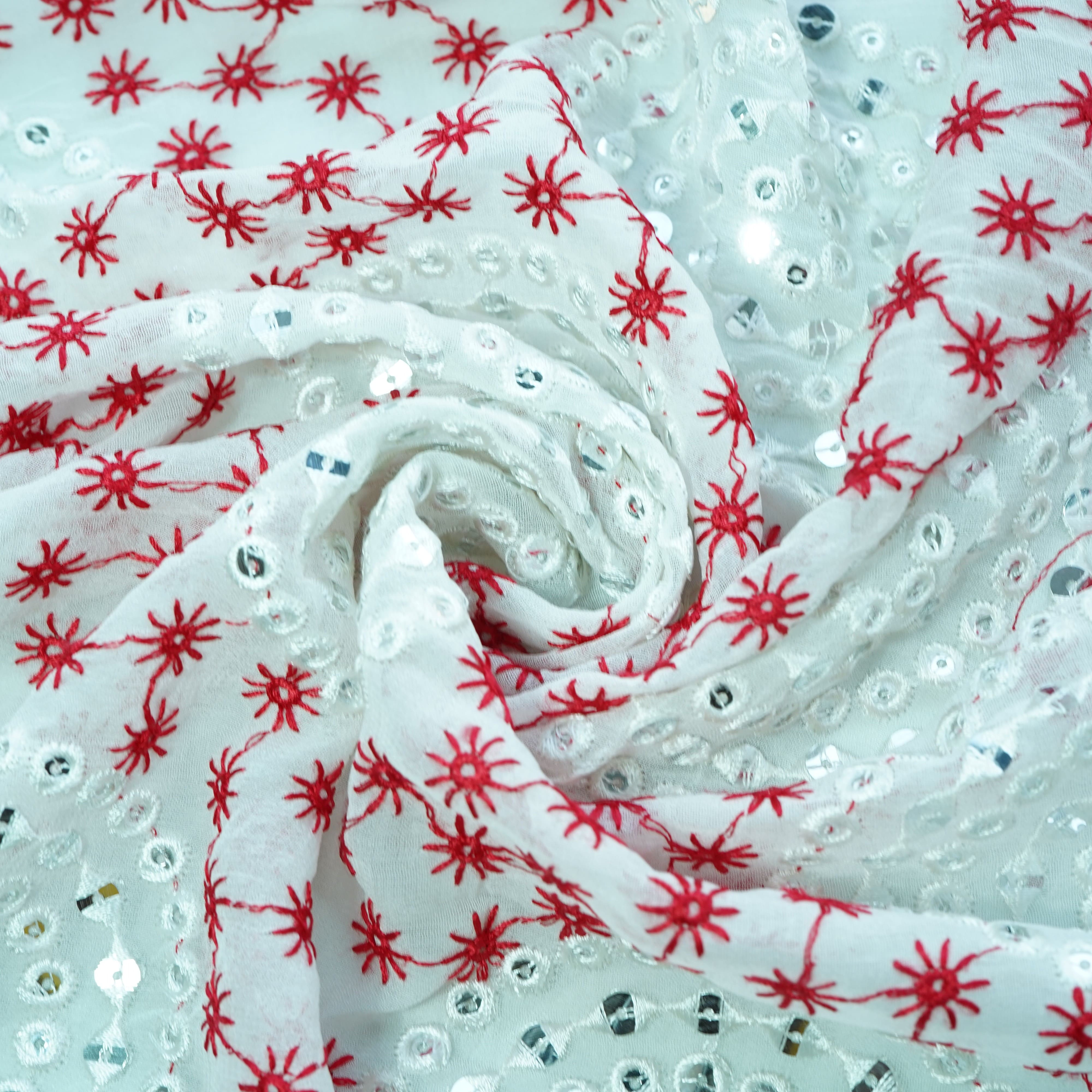 Off White Red Thread Embroidery Georgette Fabric