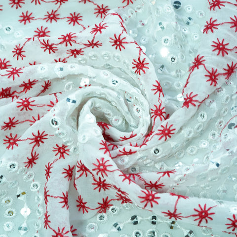 Off White Red Thread Embroidery Georgette Fabric
