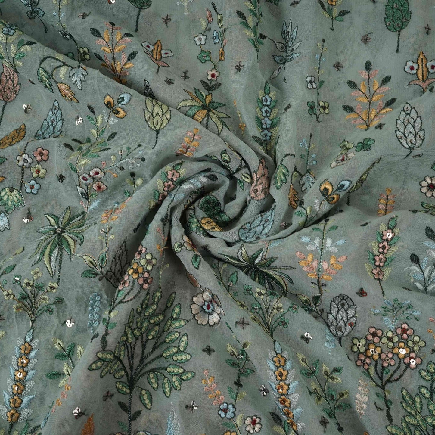 Soft Grey Thread Embroidery Georgette Fabric DR-32381
