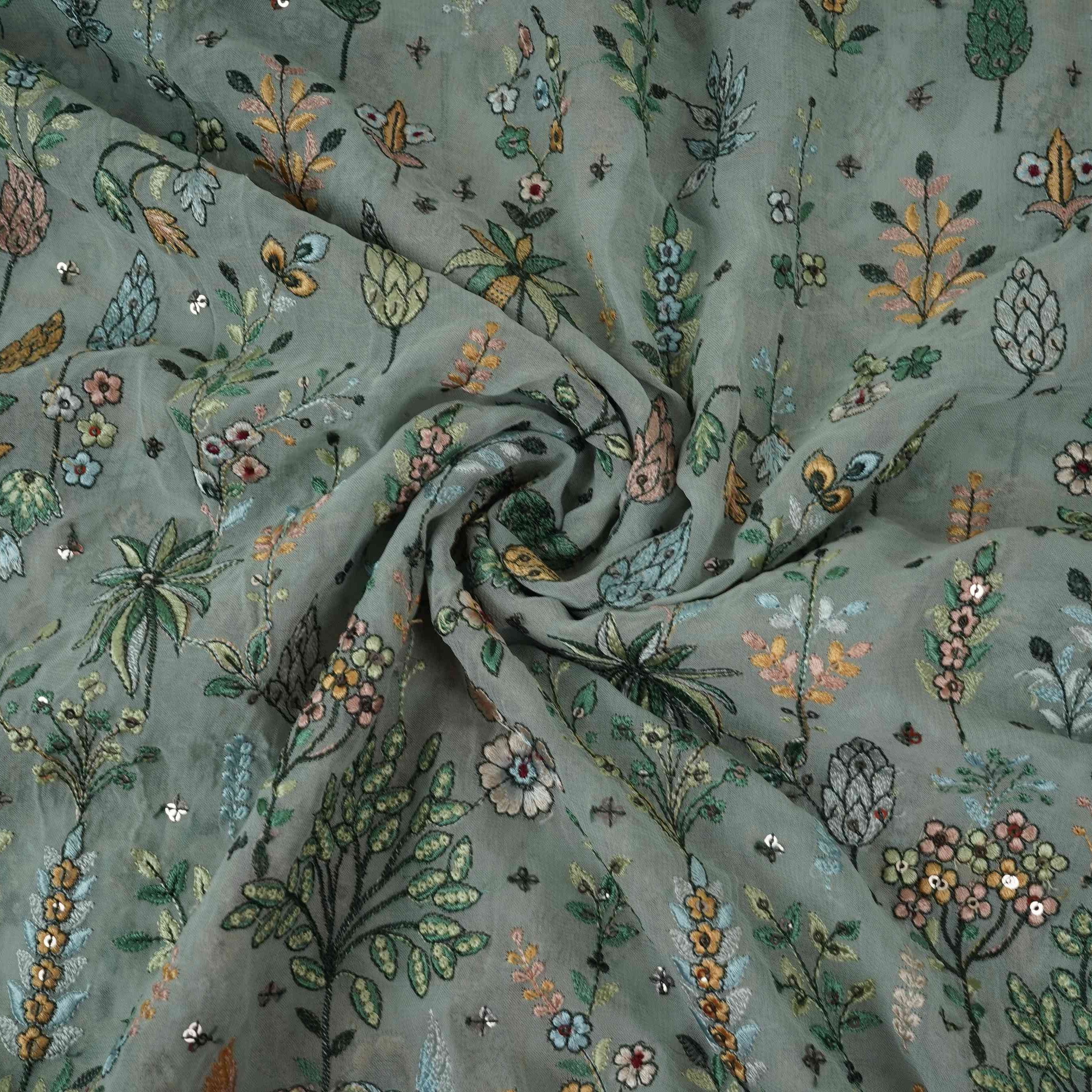 Soft Grey Thread Embroidery Georgette Fabric DR-32381 - TradeUNO