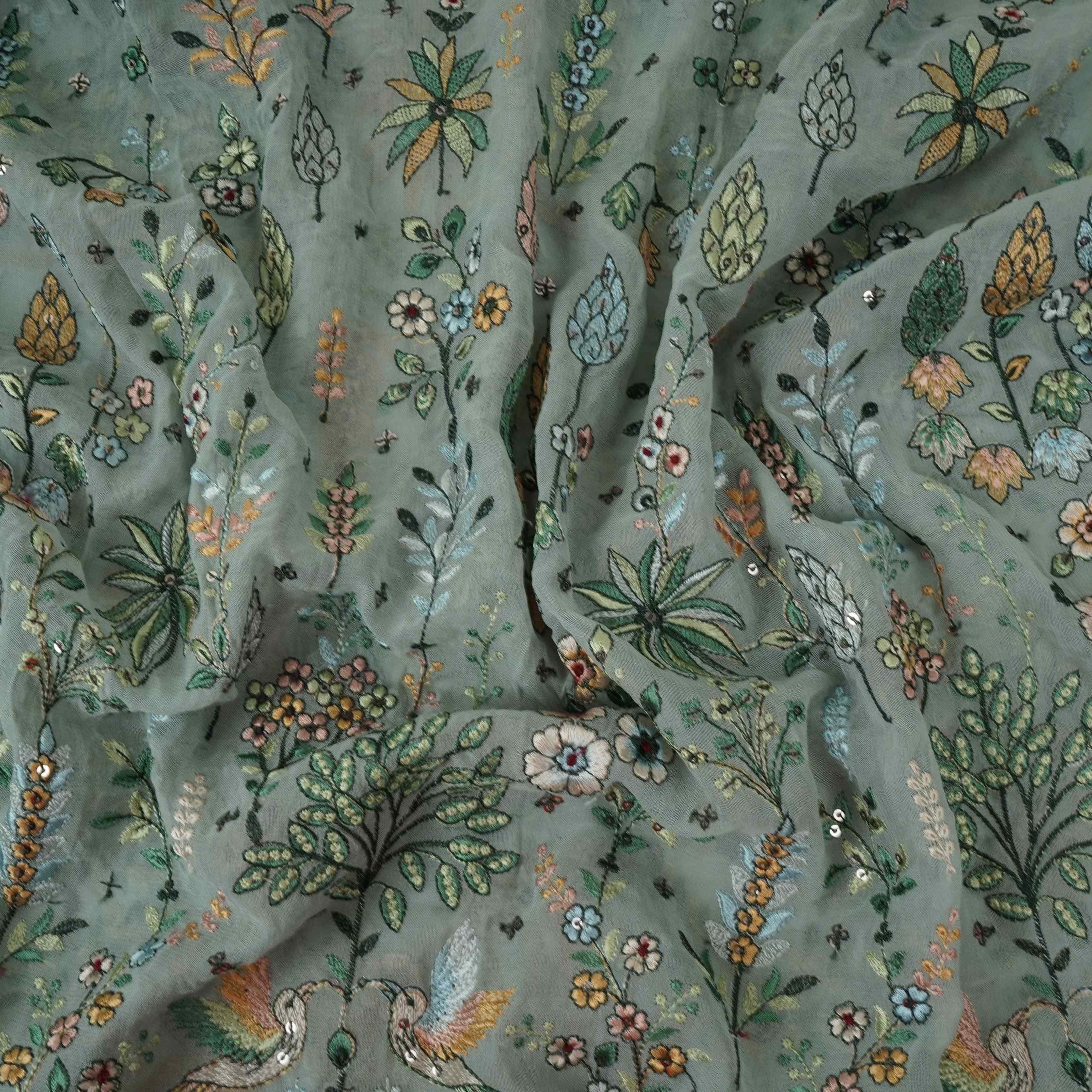 Soft Grey Thread Embroidery Georgette Fabric DR-32381 - TradeUNO