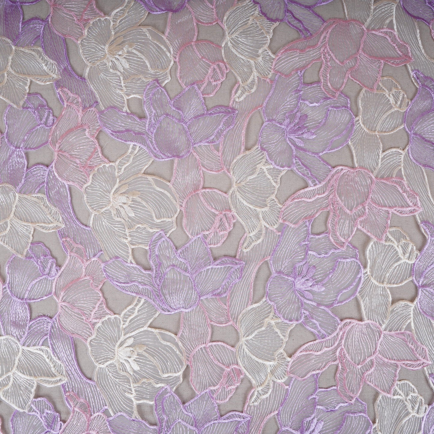Purple & White Cutwork Floral Embroidery Tissue Fabric SPF-30611