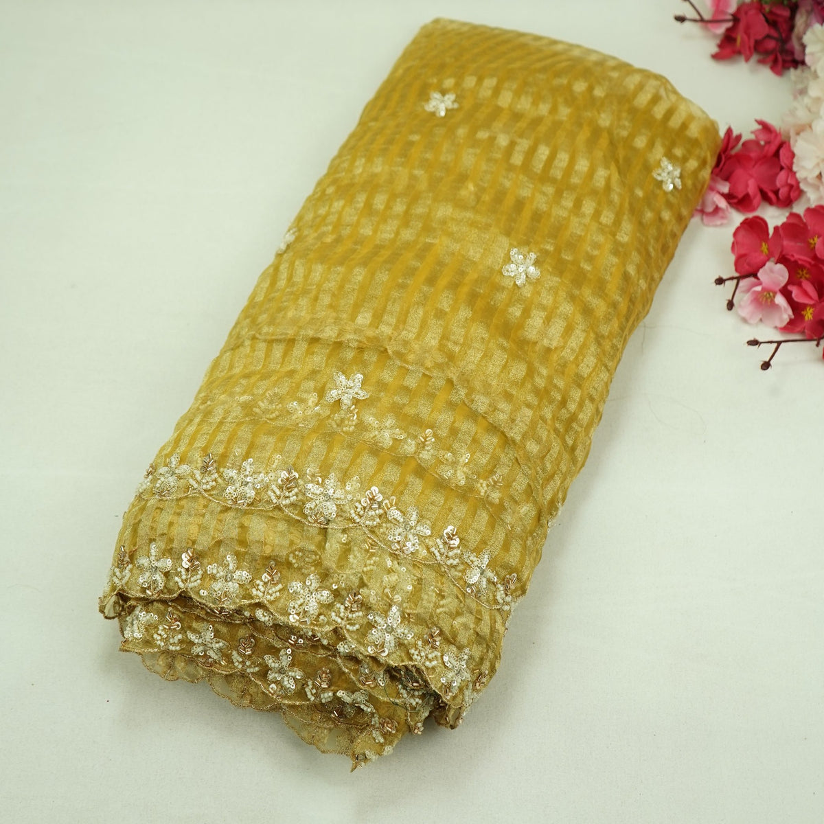 Yellow Floral Buti Embroidery with Stripes Fendi Tissue Fabric GT-35274