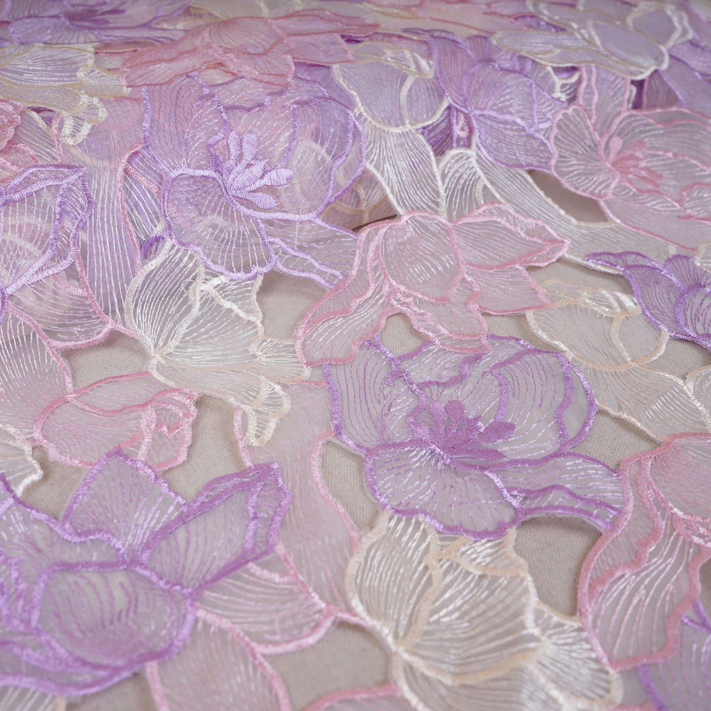 Purple & White Cutwork Floral Embroidery Tissue Fabric SPF-30611