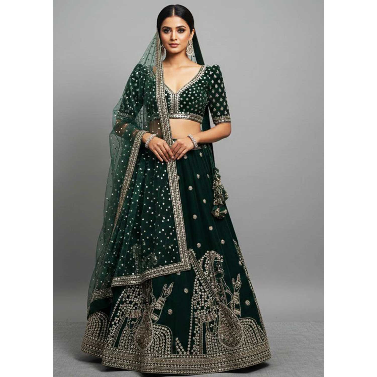 Dark Green Embroidery Velvet Fabric JD-28971 - TradeUNO