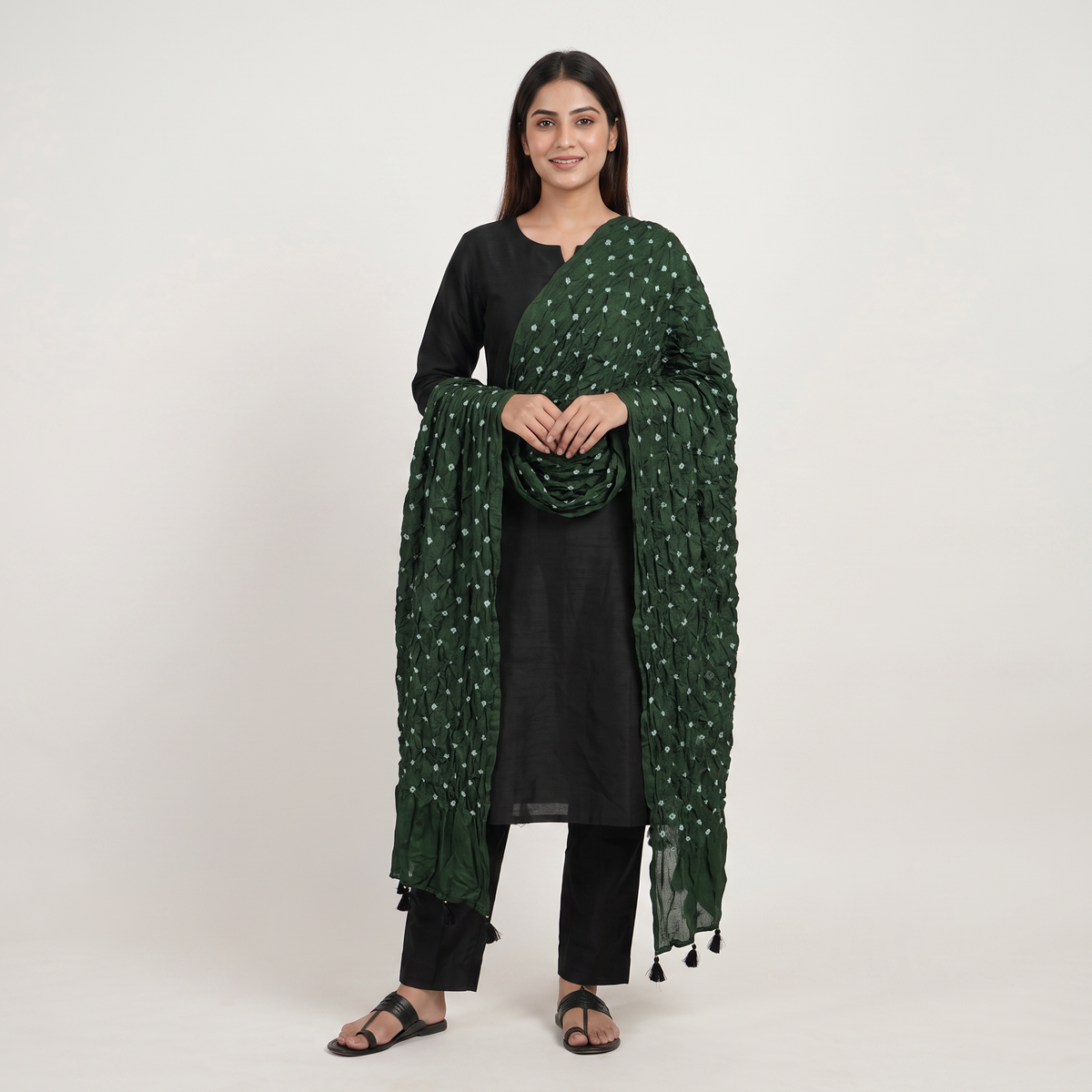 Green Bandhani Print Modal Satin Dupatta EEG-32222