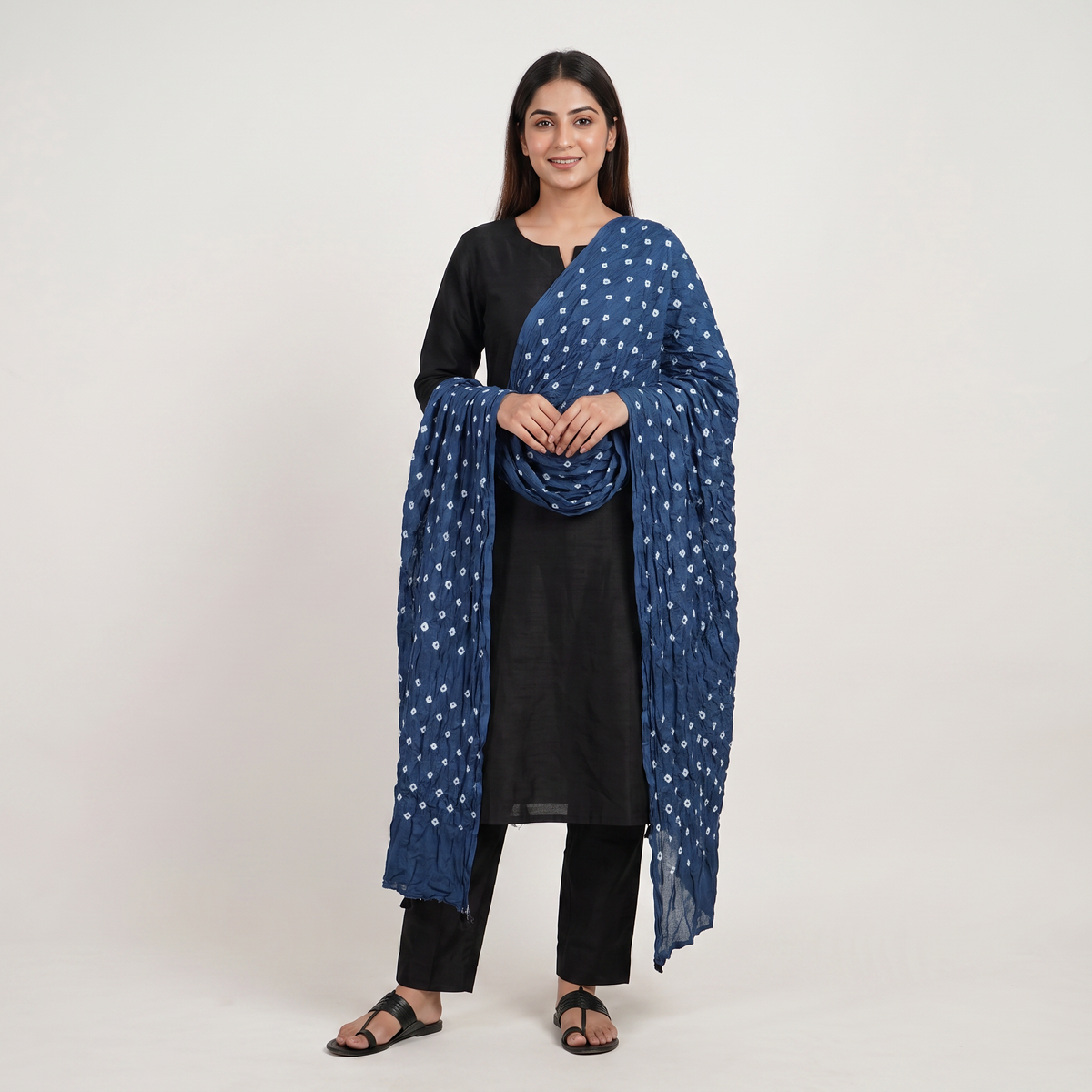 Indigo Blue Bandhani Print Modal Satin Dupatta EEG-32223