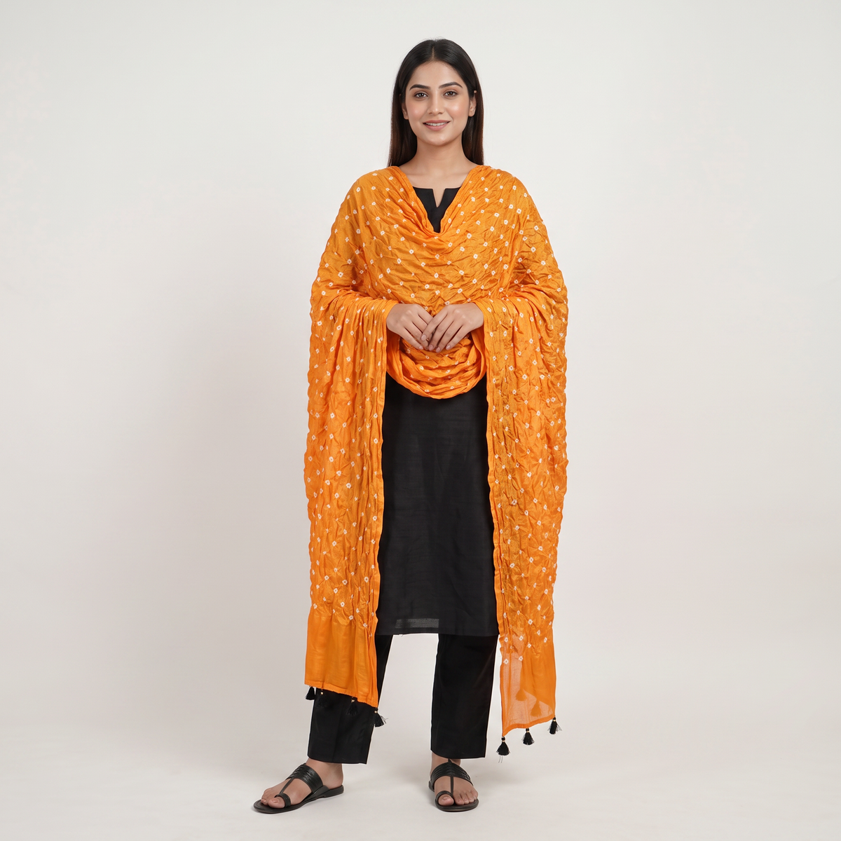 Yellow Bandhani Print Modal Satin Dupatta EEG-32224