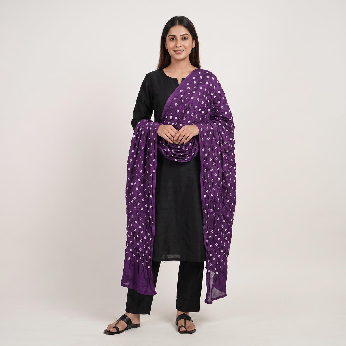 Purple Bandhani Print Modal Satin Dupatta EEG-32226