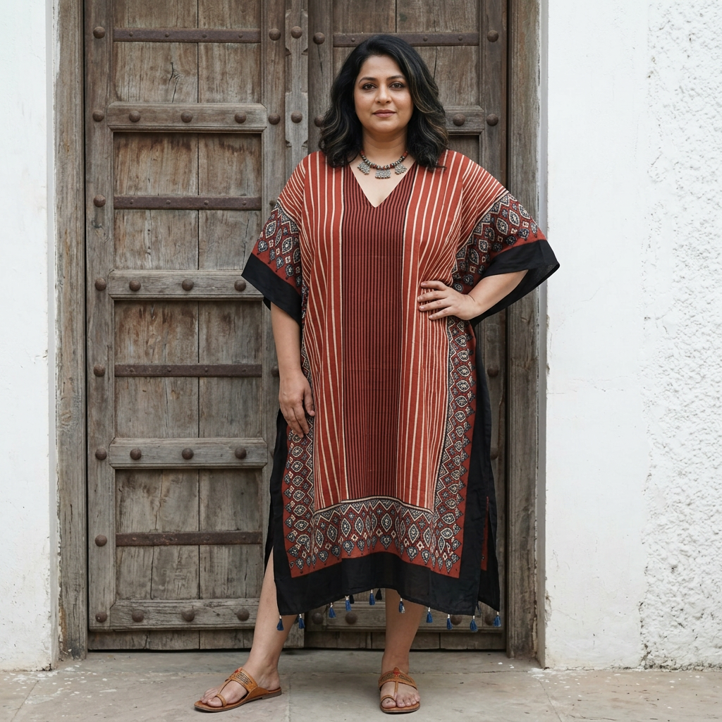 Red Ajrakh print Modal Silk Kaftan EEG-31629