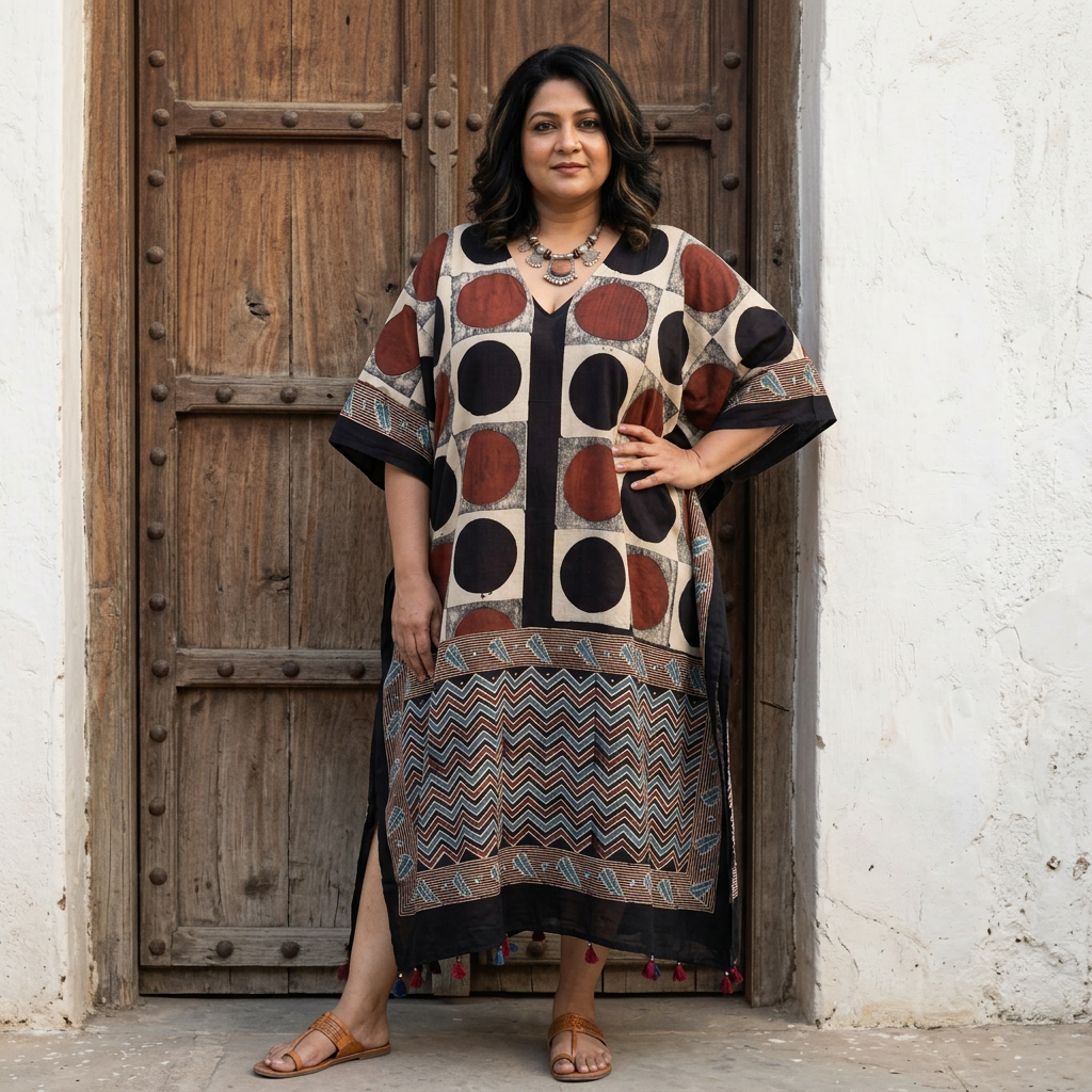 Ivory Polka Dot Modal Silk Kaftan EEG-31596