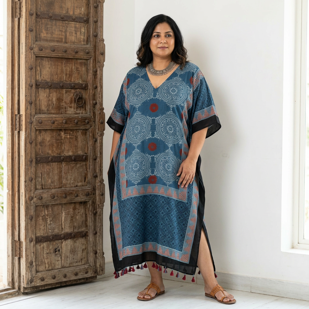 Teal Blue Ajrakh print Modal Silk Kaftan EEG-31626