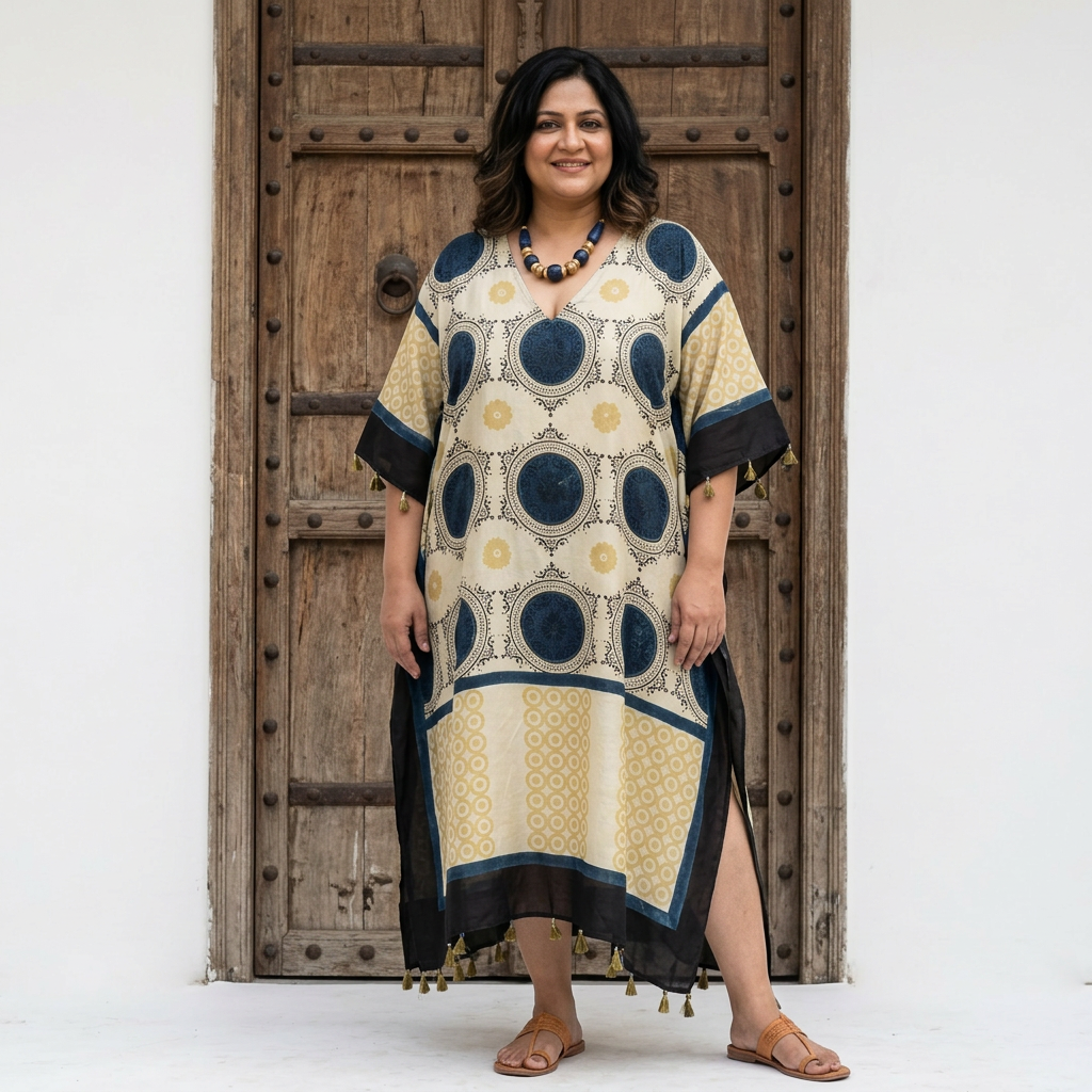Cream Ajrakh print Modal Silk Kaftan EEG-31617