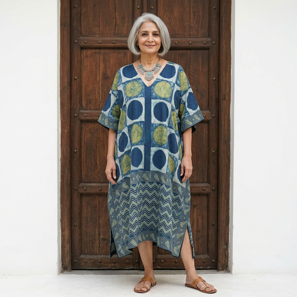 Indigo Polka Dot Modal Silk Kaftan EEG-31598