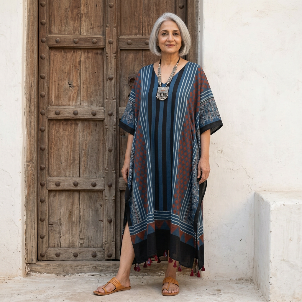 Teal Blue Ajrakh print Modal Silk Kaftan EEG-31627