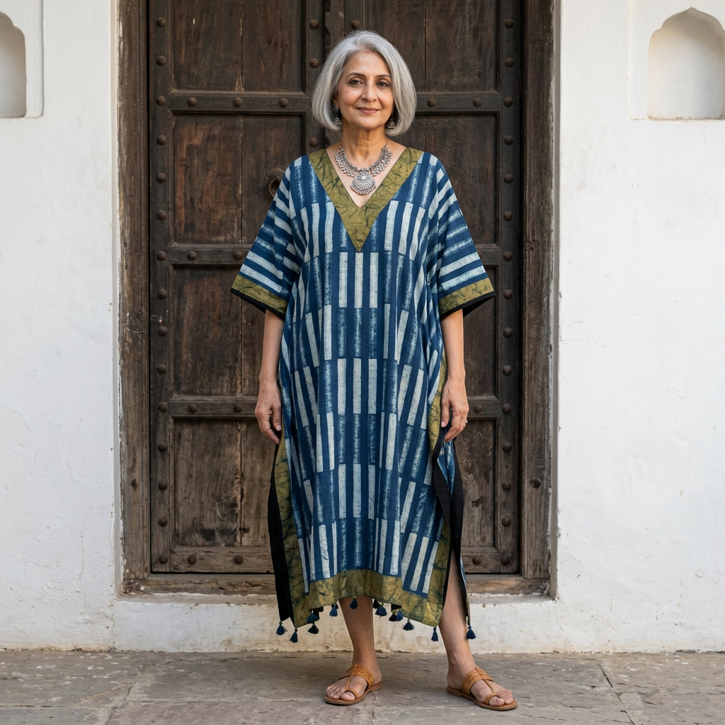 Teal Blue Ajrakh print Modal Silk Kaftan EEG-31623