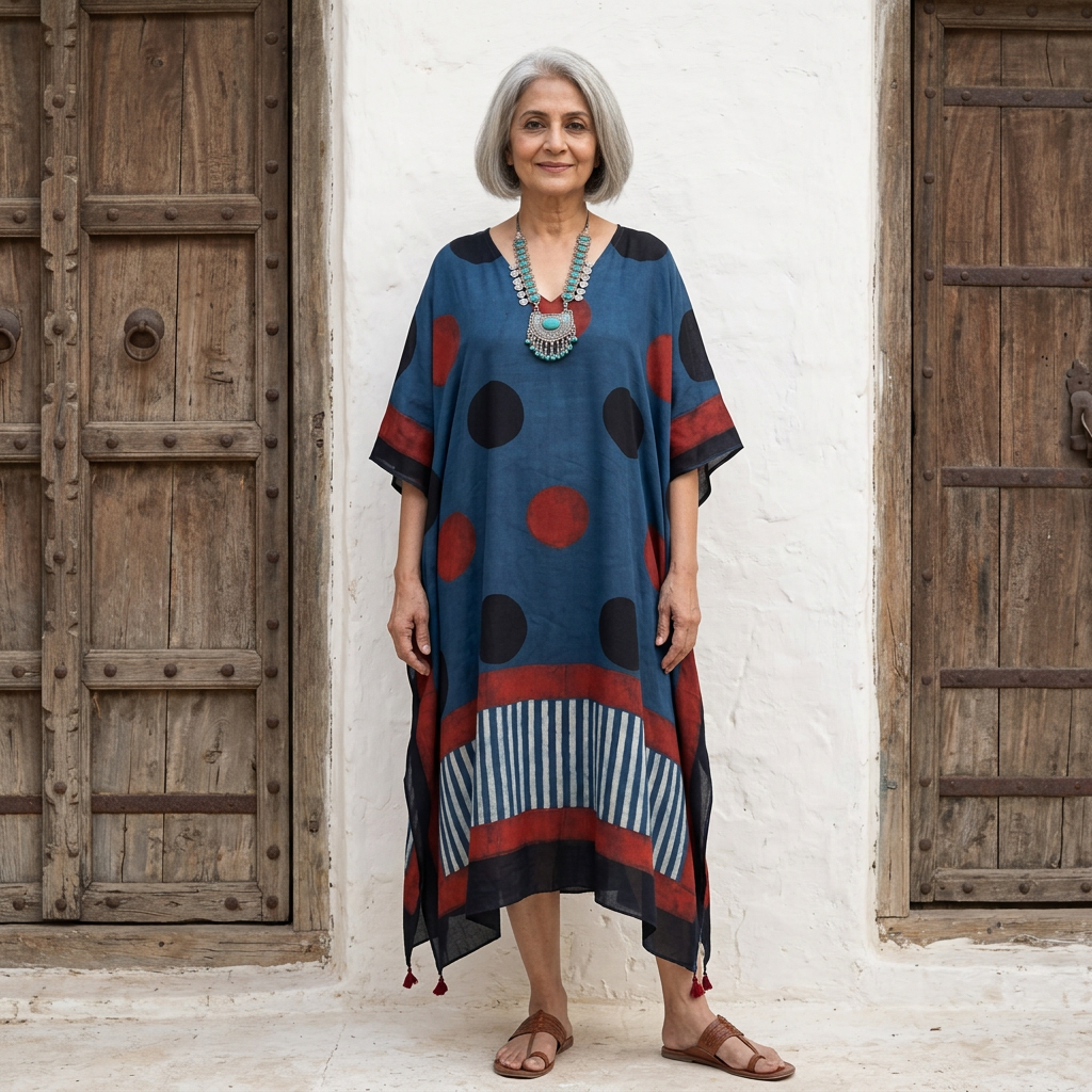 Blue with Red Polka Dot print Modal Silk Kaftan EEG-31632