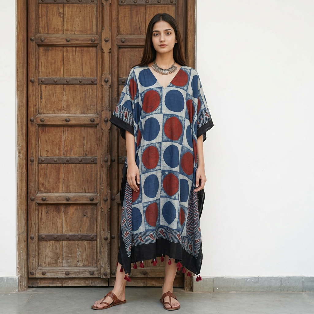 Indigo Polka Dot Modal Silk Kaftan EEG-31595