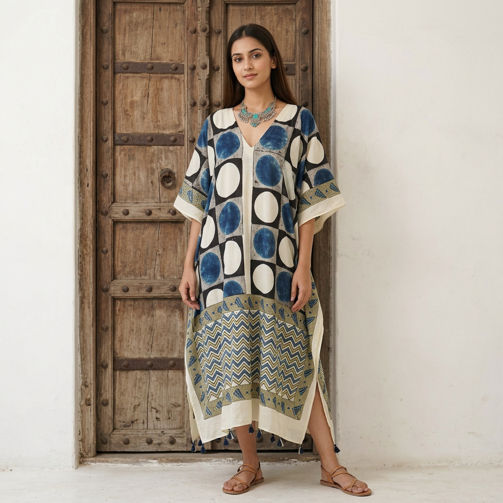 Cream Polka Dot Modal Silk Kaftan EEG-31597