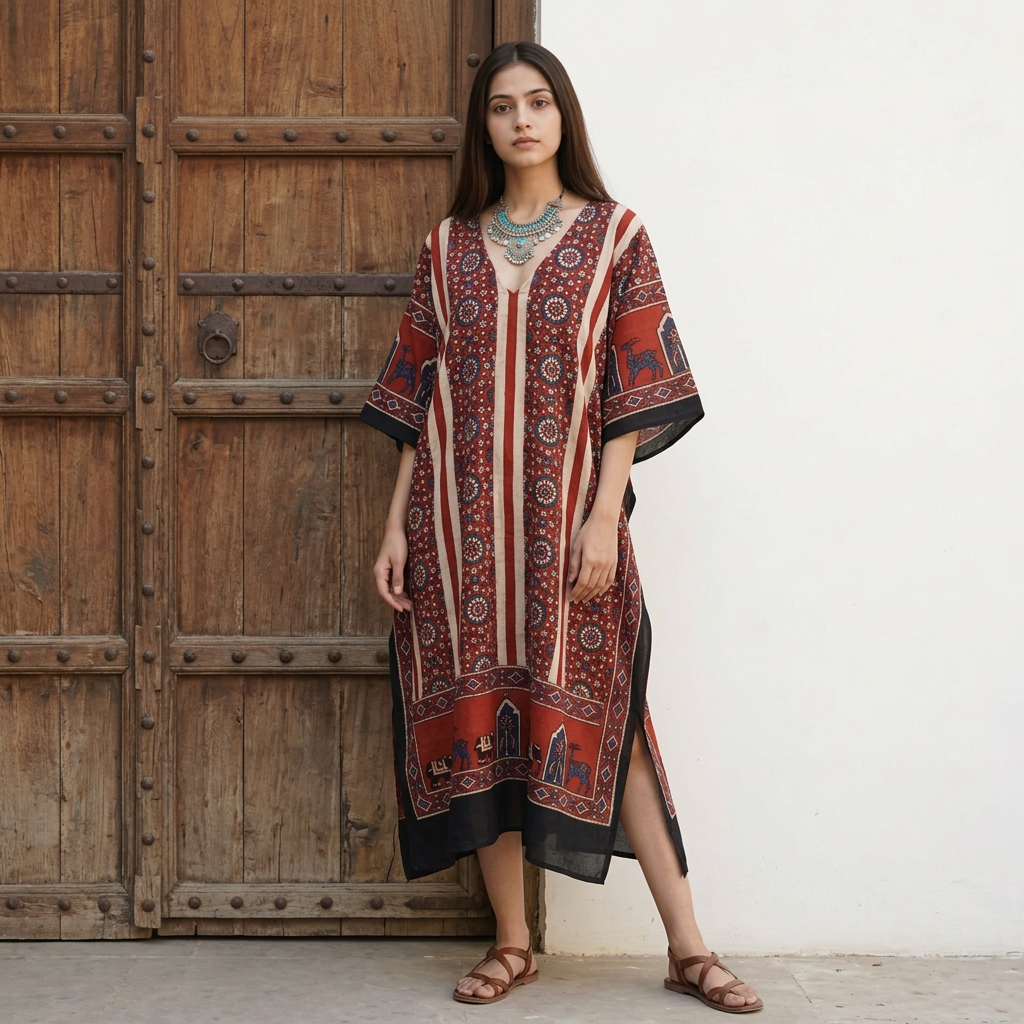 Rust Red Ajrakh print Modal Silk Kaftan EEG-31599