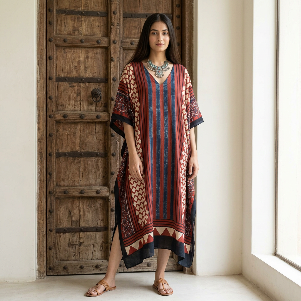 Red Ajrakh print Modal Silk Kaftan EEG-31616