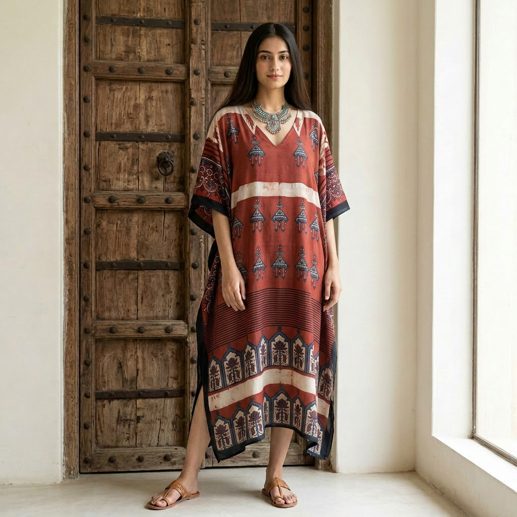 Red Ajrakh print Modal Silk Kaftan EEG-31621