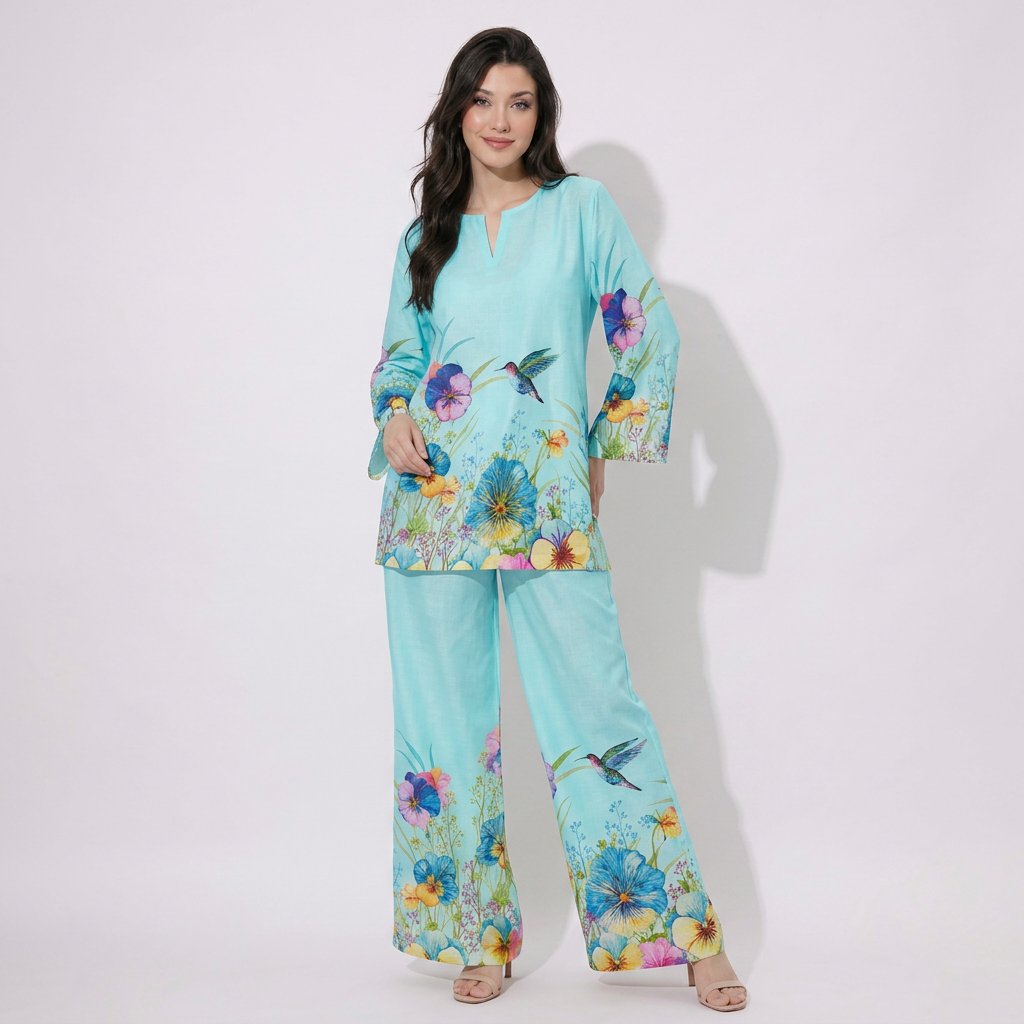 Sky Blue floral print embroidery Cotton Cord Set SM-31927 - TradeUNO