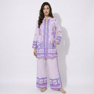 Light Purple floral printed Cotton Satin Cord Set SM-31930 - TradeUNO