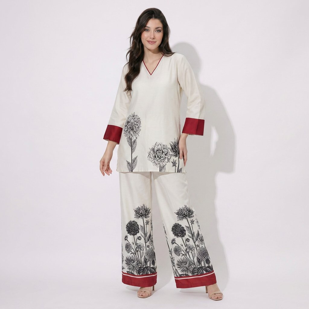 Beige & Wine floral printed Cotton Satin Cord Set SM-31931 - TradeUNO