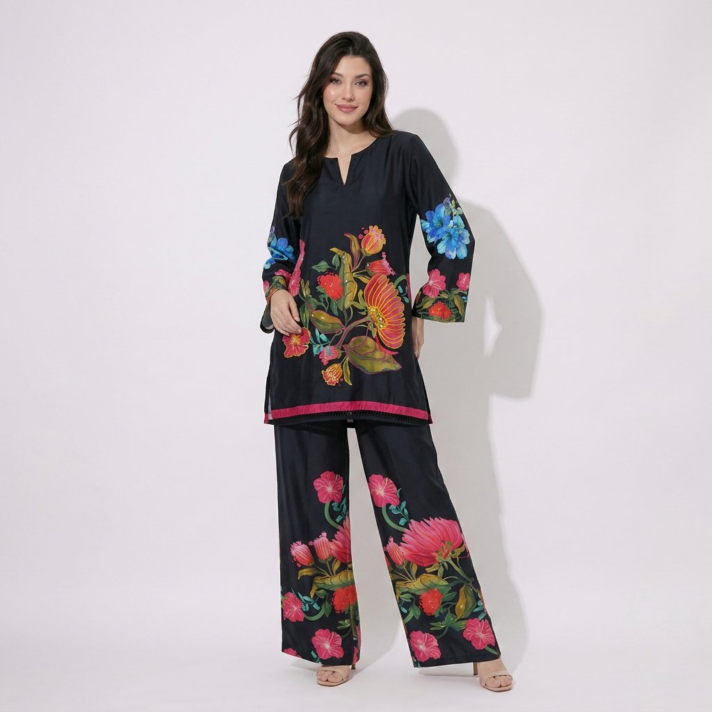Navy Blue floral printed with embroidery Cotton Satin Cord Set SM-31932 - TradeUNO