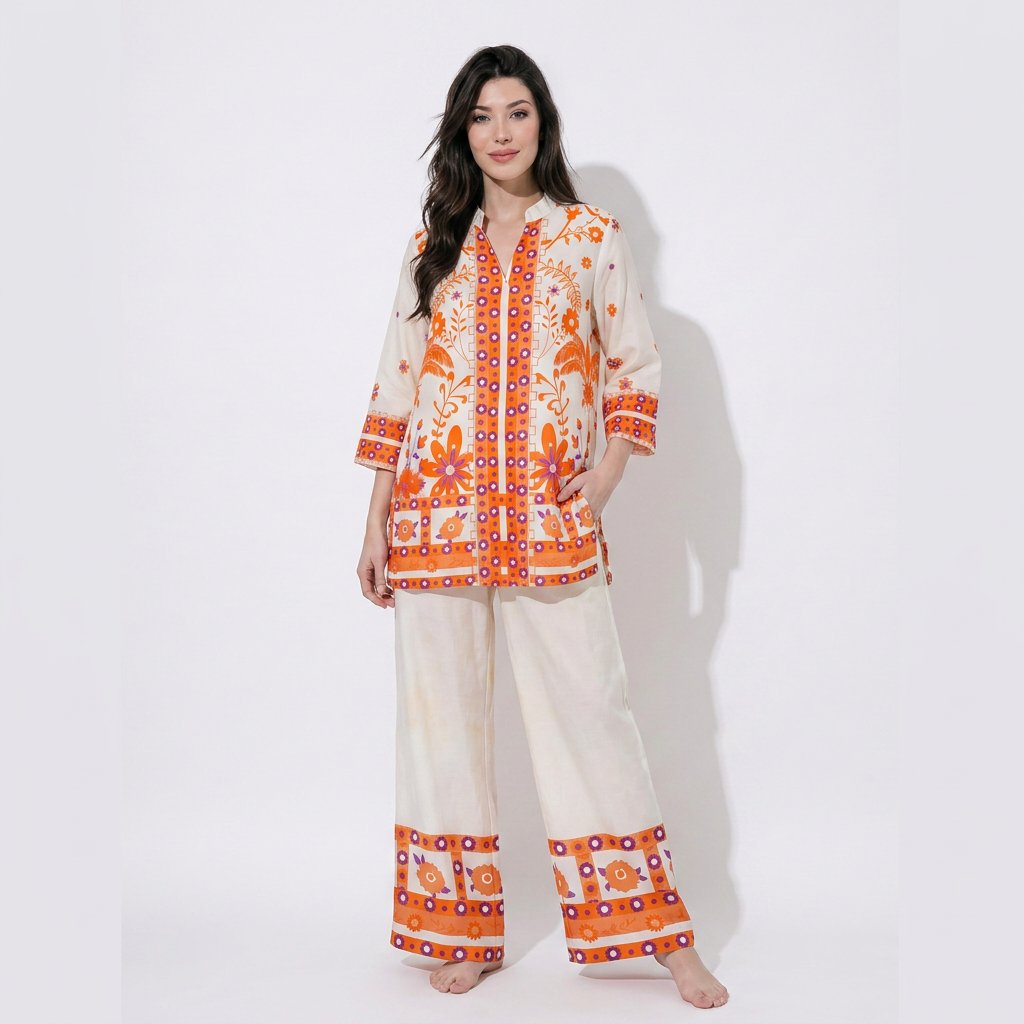 Peach floral printed Cotton Satin Cord Set SM-31933 - TradeUNO