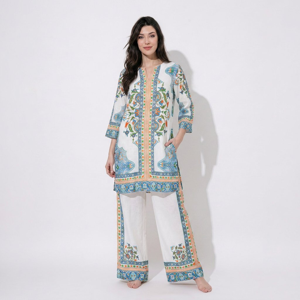 White with Blue mughal print Cotton Lawn Cord Set SM-31935 - TradeUNO