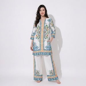 White with Blue mughal print Cotton Lawn Cord Set SM-31935 - TradeUNO