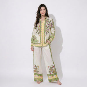 White with Green mughal print Cotton Lawn Cord Set SM-31936 - TradeUNO