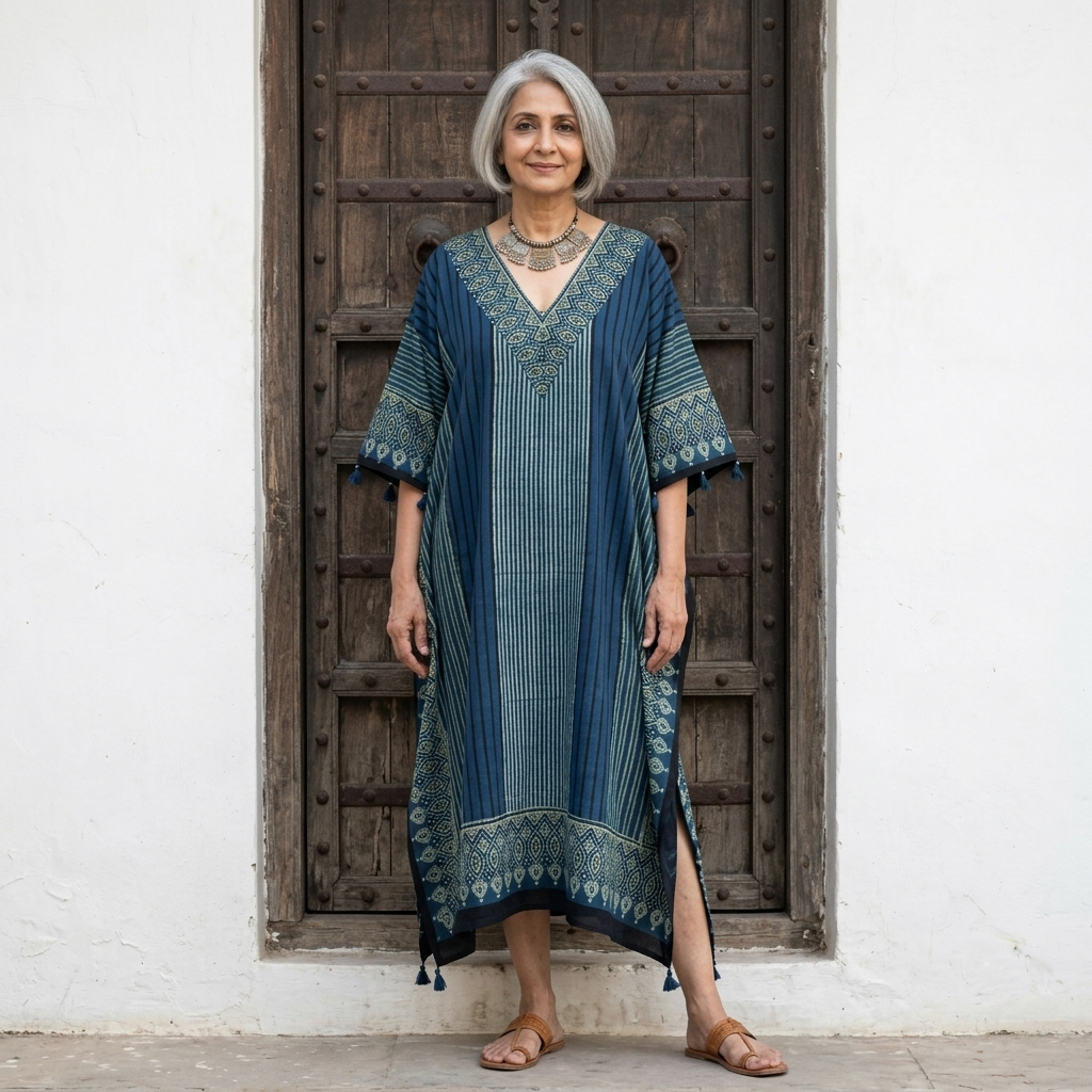 Teal Blue Ajrakh print Modal Silk Kaftan EEG-31631