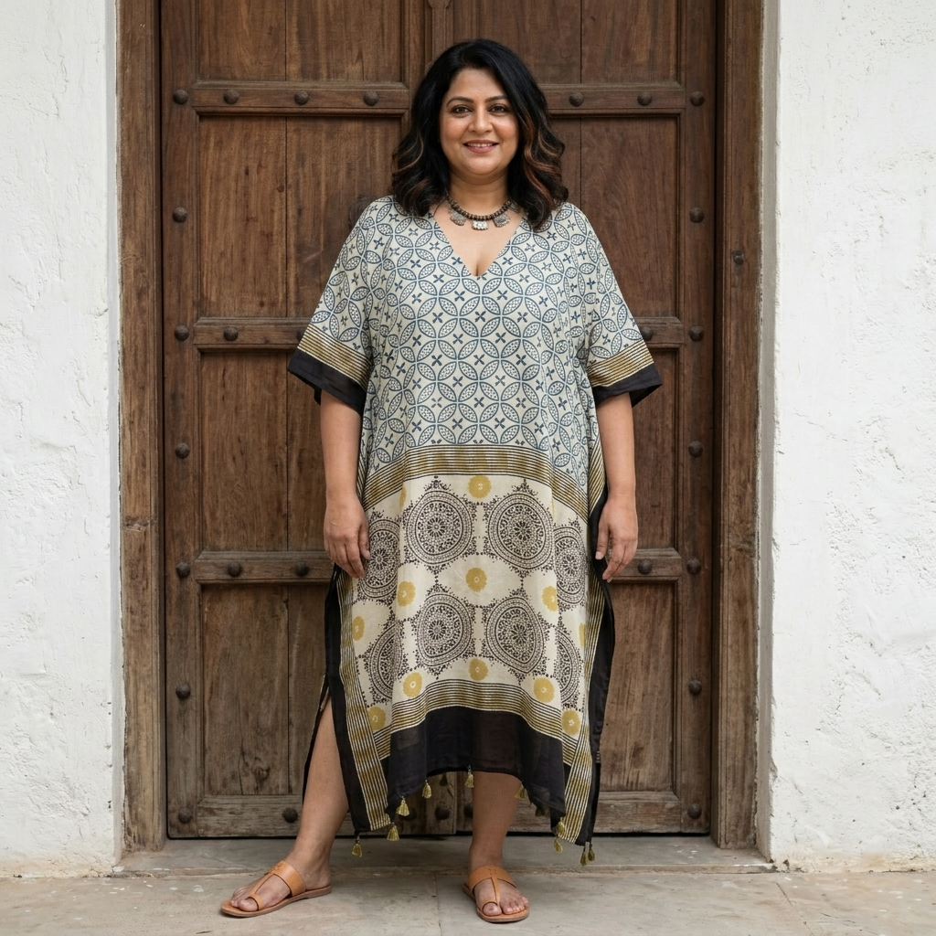 Cream Ajrakh print Modal Silk Kaftan EEG-31637