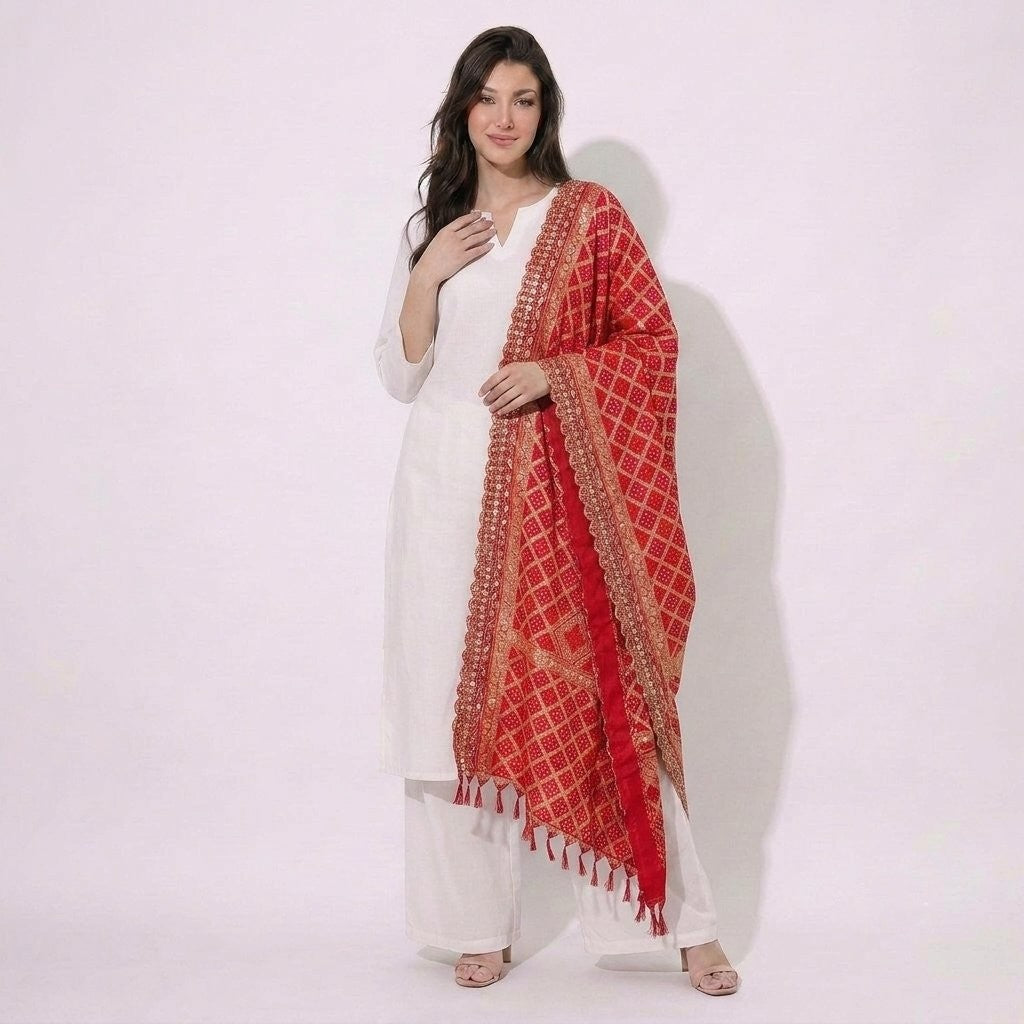 Pink Bandhani Jacquard 60*60 Georgette Dupatta TF-32695