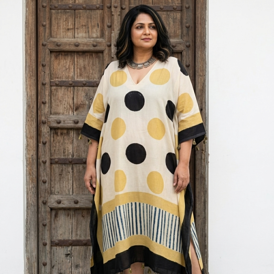 Cream Polka Dot Modal Silk Kaftan EEG-31636