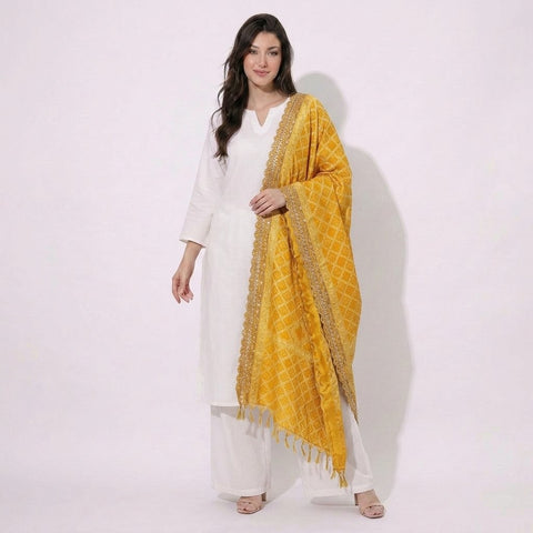 Yellow Bandhani Jacquard 60*60 Georgette Dupatta TF-32694