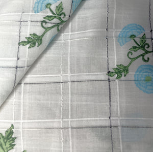 Premium  Cotton White Blue Flower Embroidary Fabric