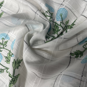 Premium  Cotton White Blue Flower Embroidary Fabric