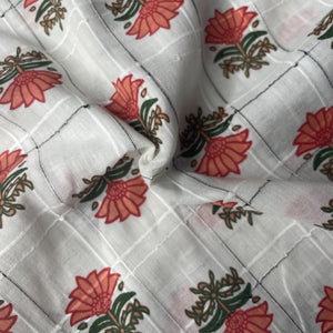 Premium  Cotton White Orange Flower Embroidary Fabric