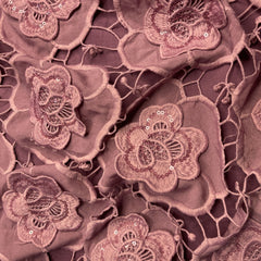Premium Plum Pink 3D Floral Sequins Embroidery Schiffli Crepe Fabric